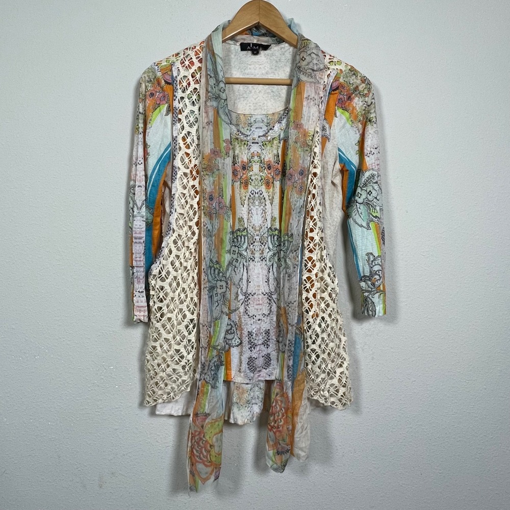 Alberto Makali Top Women M Multi Color Floral Crochet Lace Embellished Boho